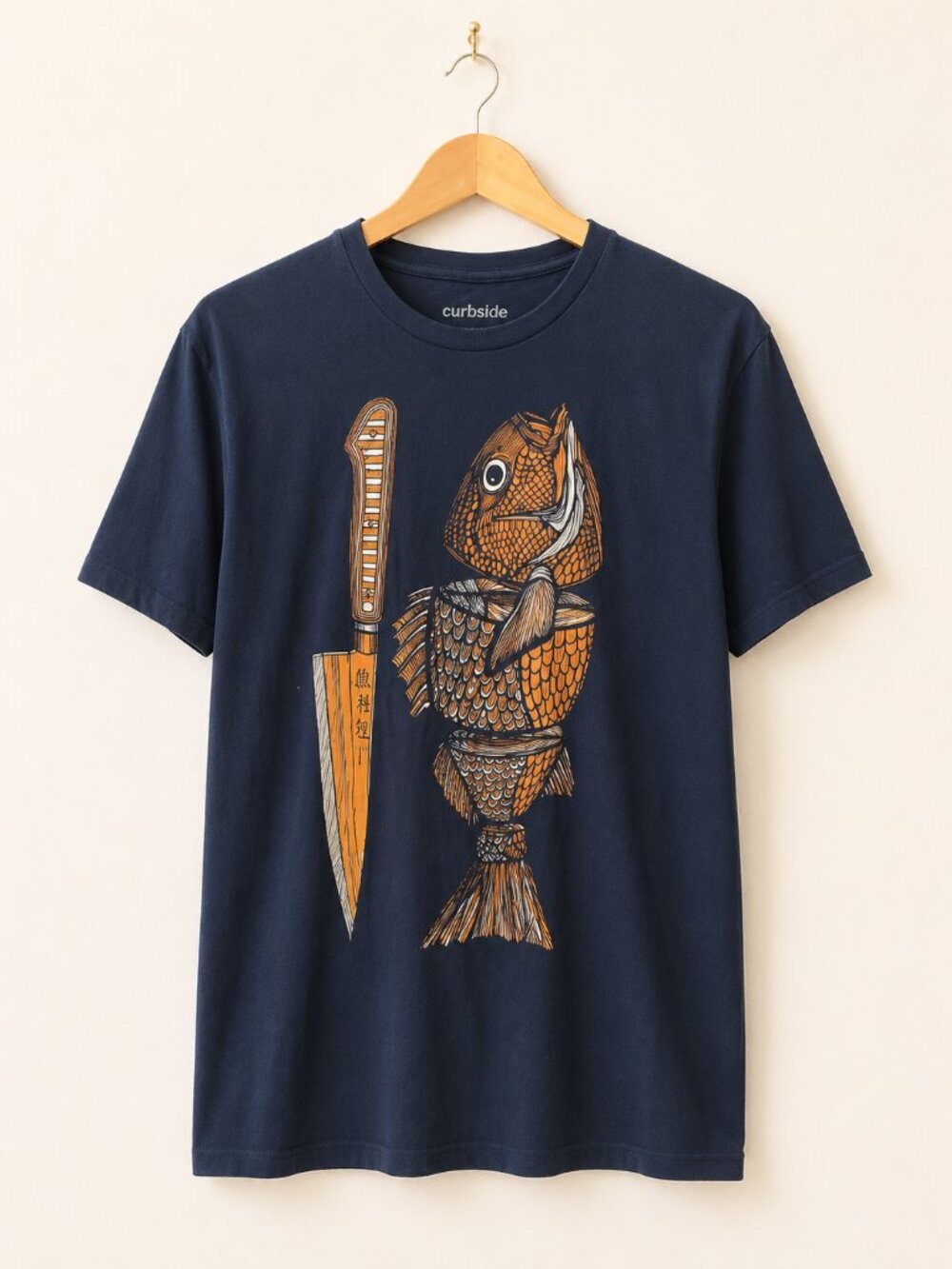 Curbside Graphic T-Shirt | Men's Large | Navy Fish & Chef Knife Graphic Tee